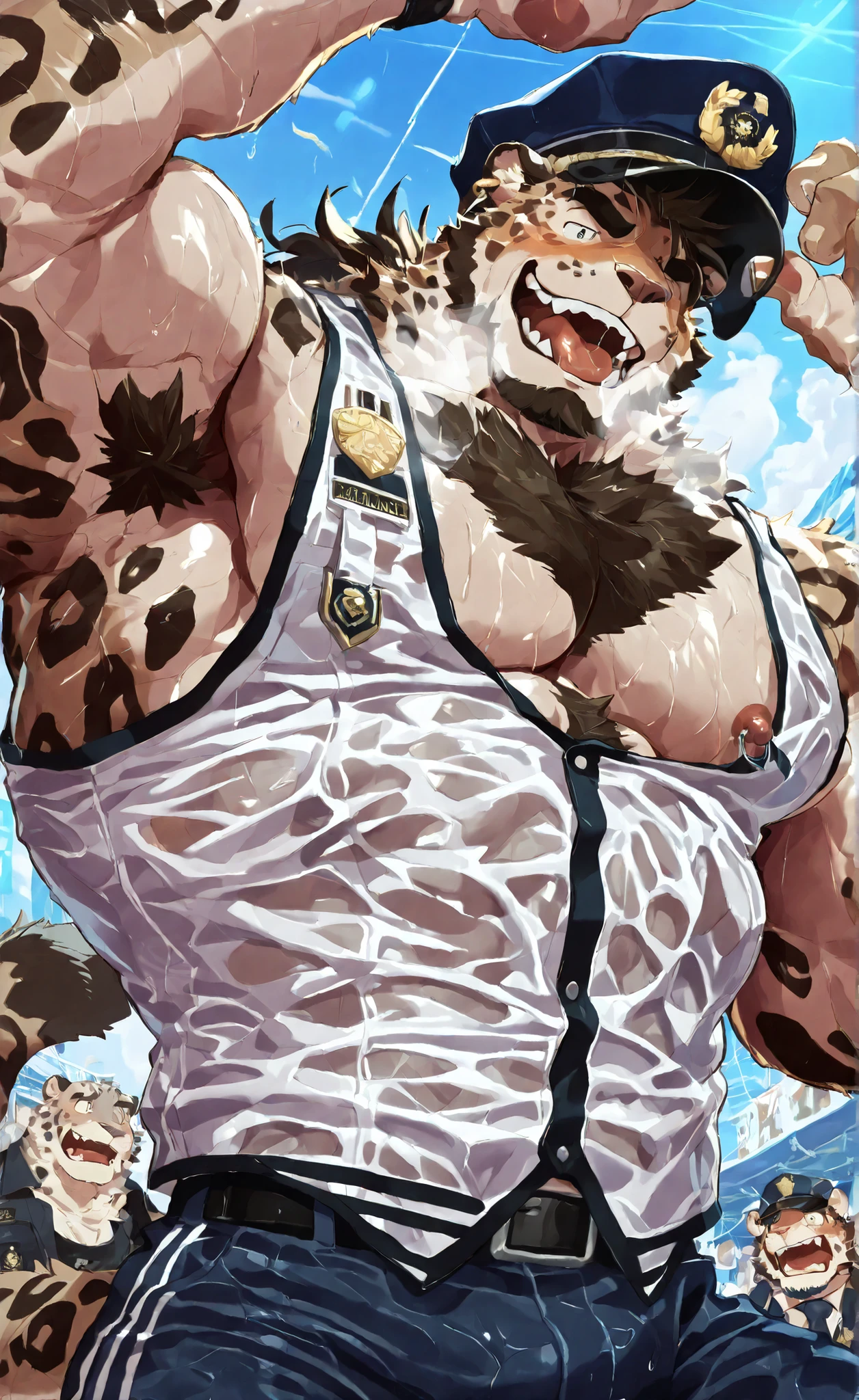 仅have的, large Chest muscles, 1 boy ,snow leopard, male focus, detailed background male, Chest muscles, detailed background, nipple, alone, nipple puncture, animal earrings, furry male, puncture, furry, armpit hair, vest, Pectoralis major muscle focuses, from below, facial hair, have, chest hair, Smile, Nipple Rings, Police hat, brown fur, mature male, long hair, brown hair, Upper body, looking at the audience, Abdominal muscles, Thick eyebrows, armpit, white vest, Goatee, sidpek, beard, Biceps, Bazihu , seductive Smile, extremely detailed,Explicit Content, full body,blush, Awkward, naked, Deep Breath , wet little eyes , swollen cheeks , steamy breath , Audience, Tongue, Dirty, Dirty, greasy, Rough, mature, , sharp gaze. open mouth ,Tongue,saliva,blush, breathes violently ,(((I have a lot of chest hair1.8))),Lots of tail hair。masterpiece,official art,best quality,very aesthetic,super beautiful illustration,quality,noise reduction,very hd,large filesize,high quality,32k,8k wallpapers,dynamic lighting,detailed,extremely detailed,complicated details,extremely detailed,detailed texture,extremely delicate and beautiful,full color,HDR,e621 illustration,