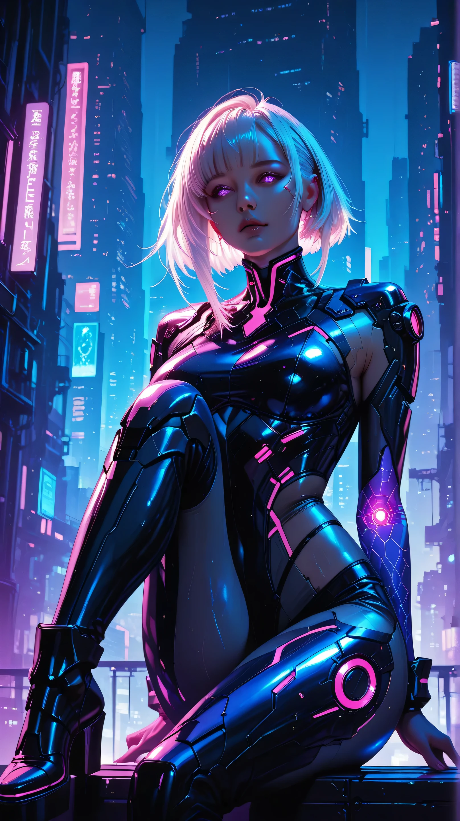 A futuristic cyberpunk cityscape at night, neon-lit skyline with towering skyscrapers, glowing purple and magenta hues, silhouetted figure with short white hair sitting on a cybernetic platform, wearing a high-tech outfit with angular armor, illuminated background with digital rain and glitch effects, dark sci-fi aesthetic, cinematic lighting, high contrast, ultra-detailed, hyper-realistic, 8K resolution, vertical aspect ratio (9:16)