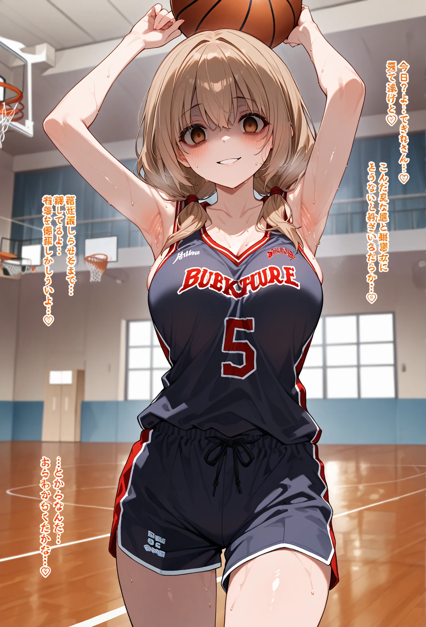 Masterpiece, 8k quality, hyper detailed, one girl, (short hair tied up), light hair, green eyes, small breast, thick thighs, (basketball jersey), locker room, (seductive look)