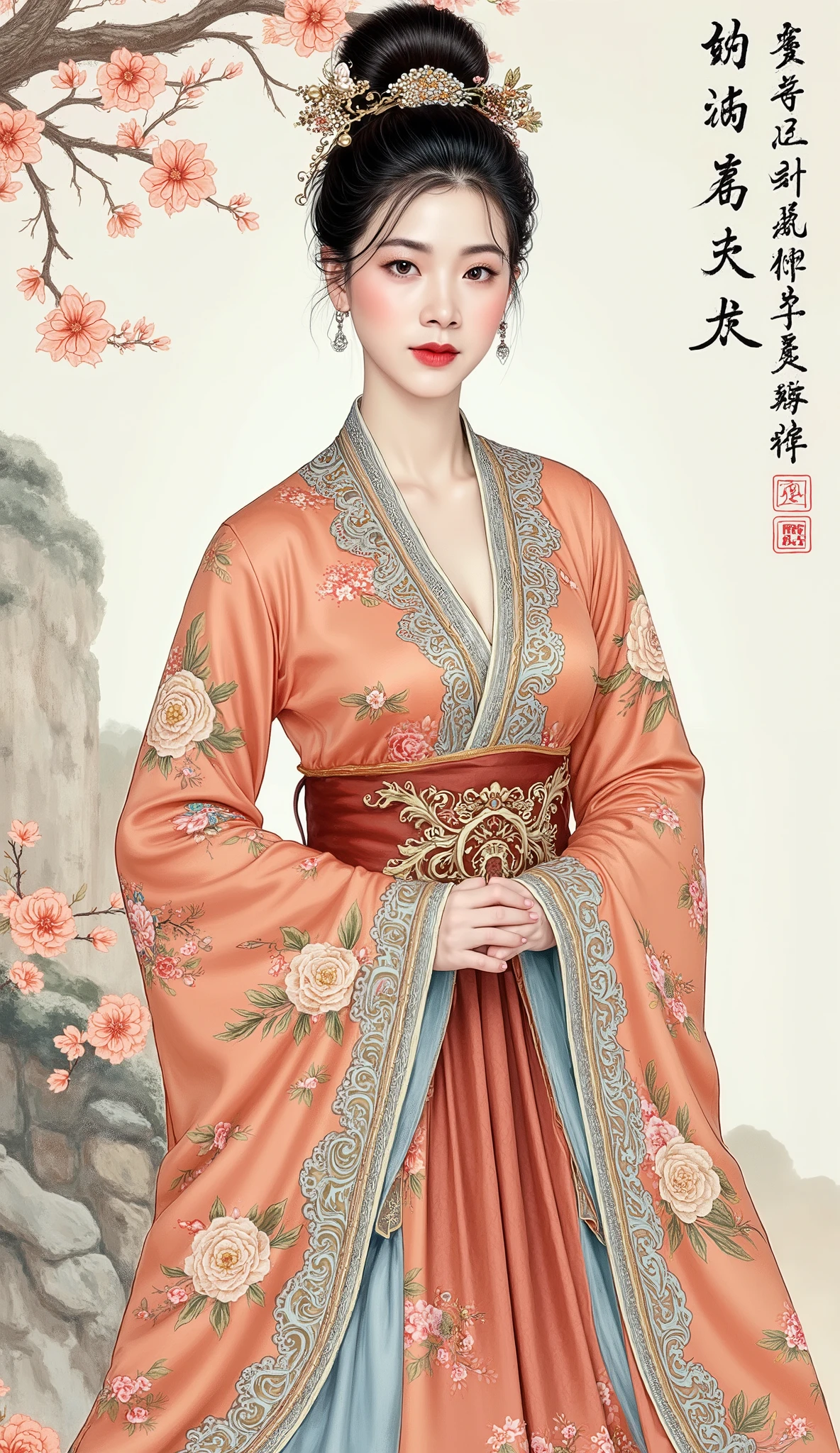 (masterpiece), Chinese brush painting, breathtaking ancient woman, (priest dress), elegant full body pose, (frontal view), highlighted intricate details, vibrant ink strokes, harmonious color palette, showcasing grace and beauty, winning award quality, (symmetric face), (symmetric body), ultra-detailed, 8K resolution, capturing cultural essence in exquisite artistry, serene and enchanting ambiance.