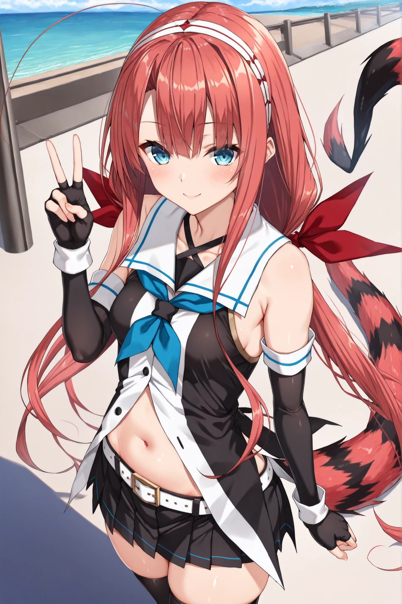 Kawakaze - Kantai Collection
score_9, score_8_up, score_7_up, score_6_up, score_5_up, score_4_up, Deep Skin , radiant skin, skindentation, , anime style that is close to the face and chest, (shining eyes, A more beautiful face), (of the best quality, masterpiece, 8k:1.2), Super Detail, high image quality, (anime:1.2), 1 girl, solo, 1 girl, detailed background, ,full body, thin waist, nsfw, detailed background, Shiny Skin, , Kawakaze, long hair, red hair, blue eyes, stupid hair, rose tail, very long hair, white hairband, red_hair_ribbon, monochrome sleeveless shirt, Fingerless Gloves, Black Elbow Gloves, White Belt, blue neckerchief, stomach, belly button, black skirt, cowboy shot, look at people watching, outdoor, smile, peace sign, From the above, Across the Ocean, five fingers
