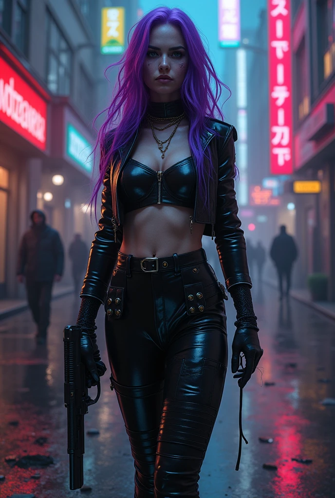 gorgeous woman, Alone, long purple hair, wearing a short gray raincoat, naked body, realistic, sexy, leather, underground city, ruins, mutants, apocalypse, Armageddon, Ready for action, 4k, cinematic lighting, grain, darkness