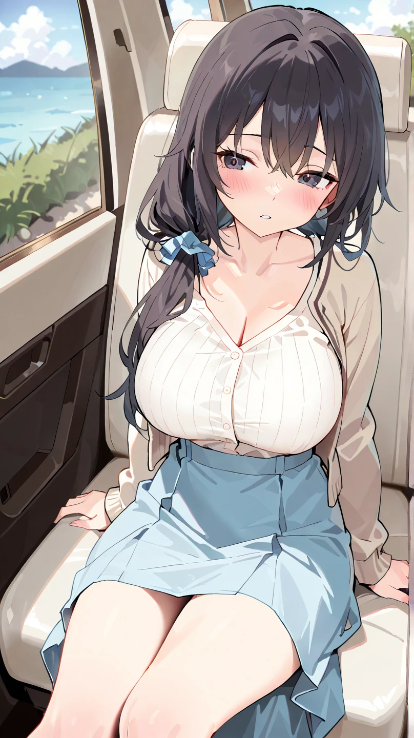 Perfect human body,girl, mature female, mature, Beautiful wife,milf, very long hair, Big, etc,blush, lipsticks,(very highly detailed background、in the car), 鎖骨,White lace underwear,semi transparent,(white stockings),((woman with fever)), ((perspiring,steamy)), Colossal tits,((The expression of color)), (Blushlush:1.2),Sexy close-up,