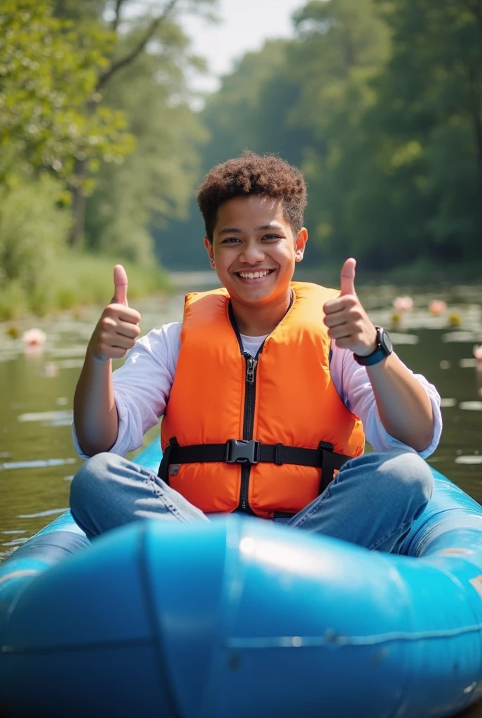 Boy teenager sitting in the water,Shirtless,with fair skin,ssmile,Diving tools