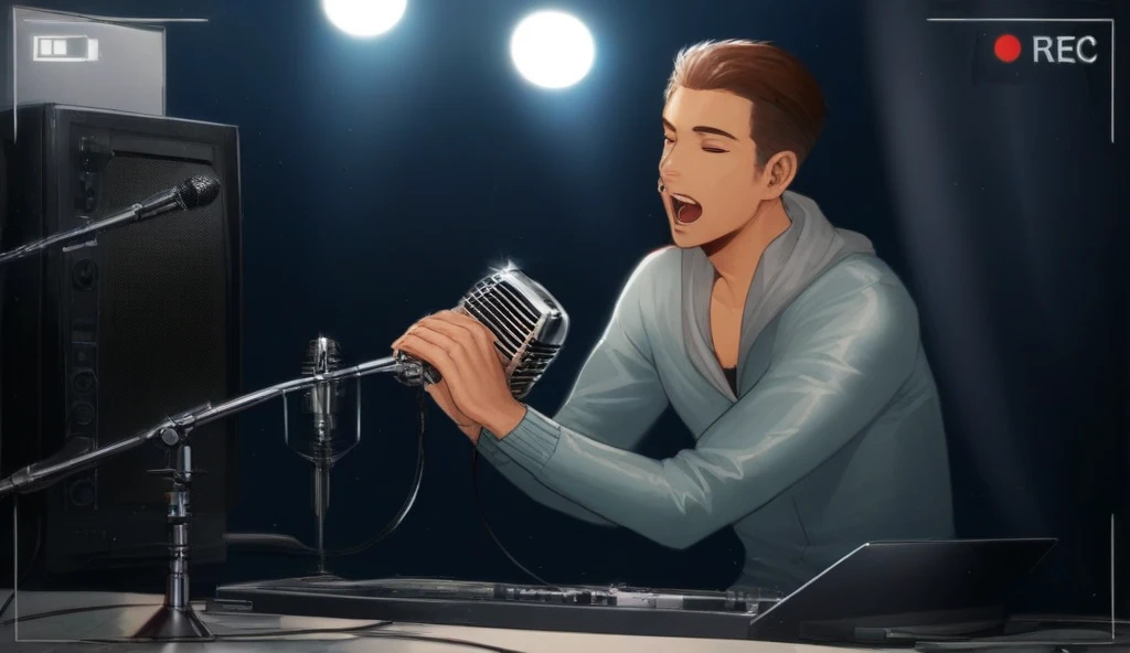 masterpiece, best quality, ultra-detailed, illustration,, recbooth, solo, microphone, headphones, realistic, brown hair, shirt, cable, white shirt, from behind, microphone, microphone stand,