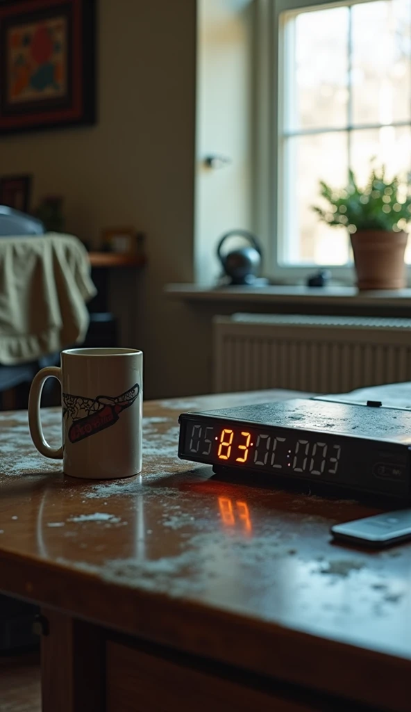 "Michael's apartment. an organized space, but without personality. The camera focuses on details of the environment: a forgotten cup on the table, a digital clock dialing 03:22:00 in the morning, a cell phone vibrating without being answered."