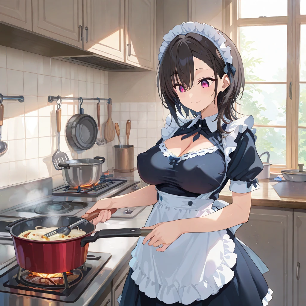 (dynamic angle:1.3, from front:1.1, breast focus:1.3, from below:1.2), (dynamic posing:1.5, sexy posing:1.3, leaning forward), (seductive smiling:1.3),masterpiece, 1girl, pointed chest:1.3,(double breasted:1.2,under bust:1.2), Amazing Cleavage:1.3, thin waist, big ass, Raised sexy, small breast: 1.2 posed cleavage:1.1, looking at viewer, open mouth, brown hair, blue eyes, bare shoulders, collarbone, sidelocks, hairband, sapphire earrings, indoors, red off shoulder sweater dress, arms behind back, short hair with long locks, blue gold hairband, big side hair, very long side hair is rendered in (masterpiece: 1.2, best quality), with (ultra high resolution) and an exquisite (depth of field). This masterpiece is not only visually stunning but also tells,A scene of cooking in the kitchen