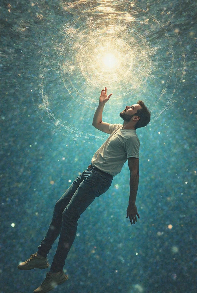 A person, gender neutral, is depicted mid-fall, with arms outstretched, descending into a vast, shimmering ocean. The ocean is not made of water but of swirling, luminescent books, scrolls, and glowing symbols of knowledge from various cultures and time periods. The sky above is a deep twilight, filled with constellations shaped like ancient symbols and equations. The falling figure is illuminated by a soft, ethereal light emanating from the ocean below, symbolizing the boundless wisdom they are about to immerse in. The overall mood is serene yet awe-inspiring, capturing the moment just before the figure becomes one with the ocean of knowledge.