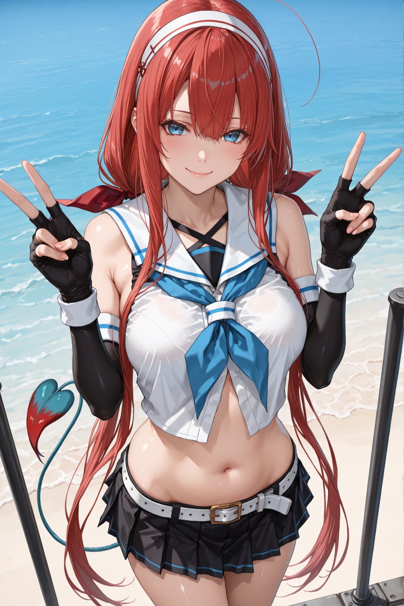 Kawakaze - Kantai Collection
score_9, score_8_up, score_7_up, score_6_up, score_5_up, score_4_up, Deep Skin , radiant skin, skindentation, , anime style that is close to the face and chest, (shining eyes, A more beautiful face), (of the best quality, masterpiece, 8k:1.2), Super Detail, high image quality, (anime:1.2), 1 girl, solo, 1 girl, detailed background, ,full body, thin waist, nsfw, detailed background, Shiny Skin, , Kawakaze, long hair, red hair, blue eyes, stupid hair, rose tail, very long hair, white hairband, red_hair_ribbon, black and white sleeveless shirt, Fingerless Gloves, Black Elbow Gloves, White Belt, blue neckerchief, stomach, belly button, black skirt, cowboy shot, look at people watching, outdoor, smile, peace sign, From the above, Across the Ocean, five fingers