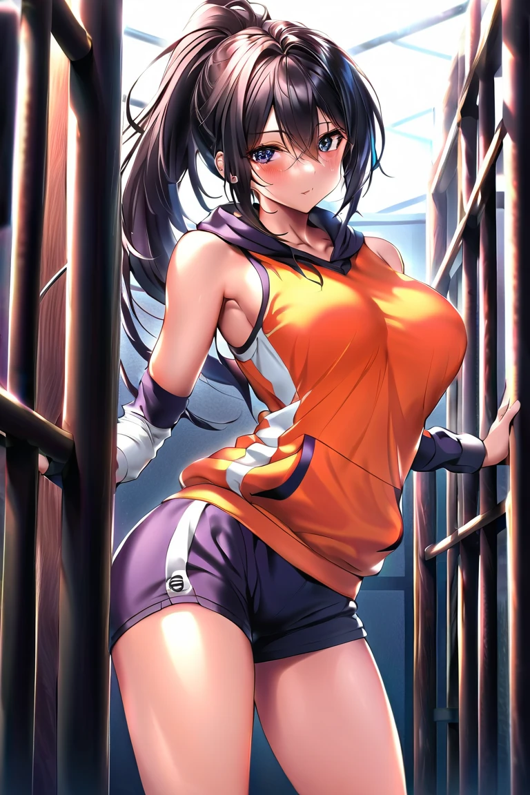 hmharuna, ((masterpiece)),((best quality)),((high resolution)), ((ultra-detailed)),old style school swimsuit, one-piece swimsuit, Navy blue school swimsuit,Iron collar, 1girl, Solo, disdain,disgust,blush, squatting, (arms behind head), spread legs wide,from front,((concrete background)),in a cage,((caged)),prison,basement,perfect anatomy,barefoot,