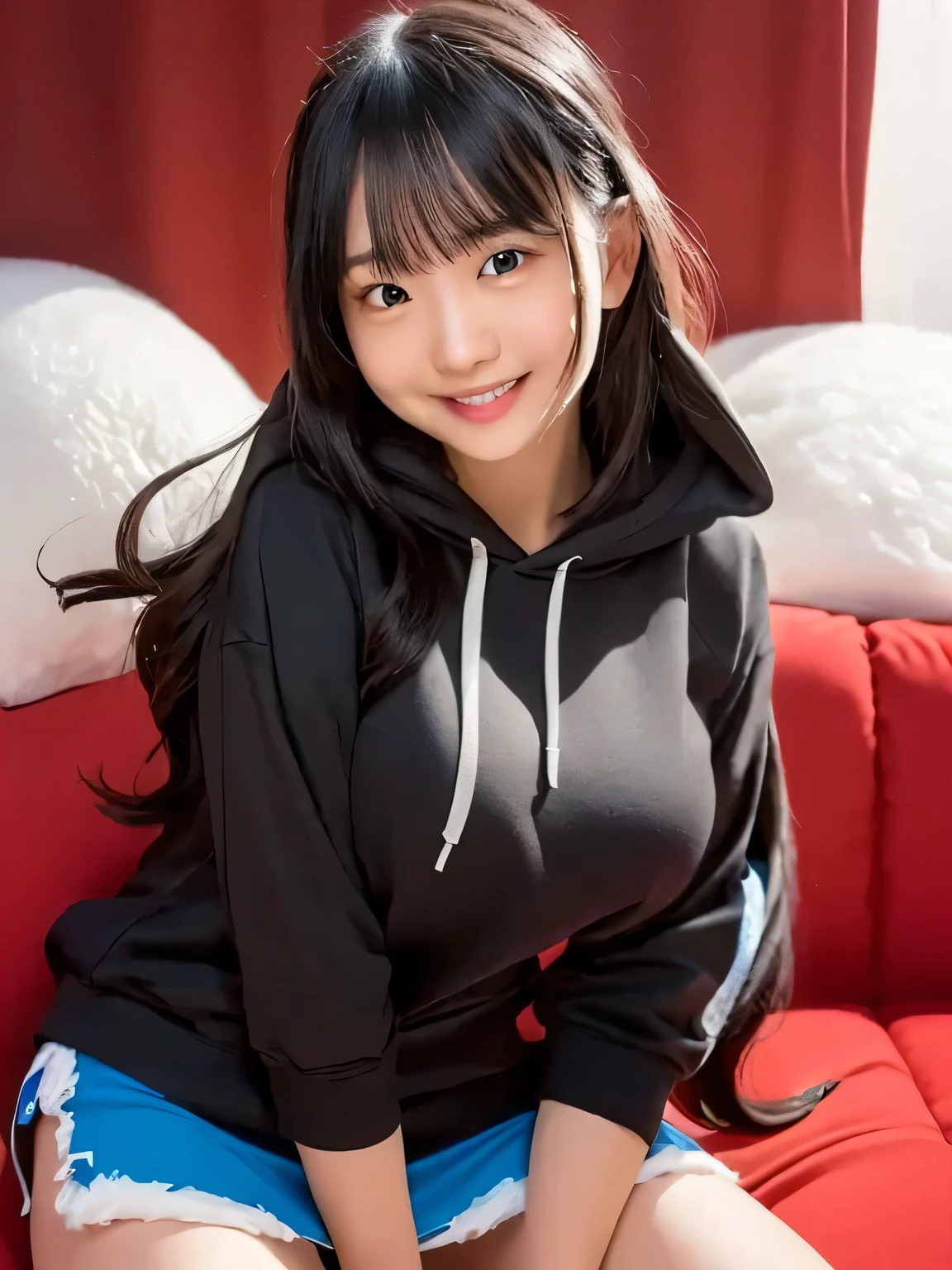 (((adorable girl room background 3.0)))(((best image quality、highest resolution、greatest masterpiece、8k)))、(((Detailed Faces)))(((cute face)))(((Baby Face)))(((Young contour)))((( Lovely facial features)))、((( Blizzard 10 )))(((model body type)))((( Perfect pose line)))、(((Big Breasts 1.0)))((( Detailed Body .5)))、(((long straight hair)))、(((Portrait of a Girl Wearing a Hoodie)))、(((Hoodie Made of Fluffy Cotton)))、(((Milan Red Hoodie)))(((miniskirt)))((dynamic posing))((cute smile))