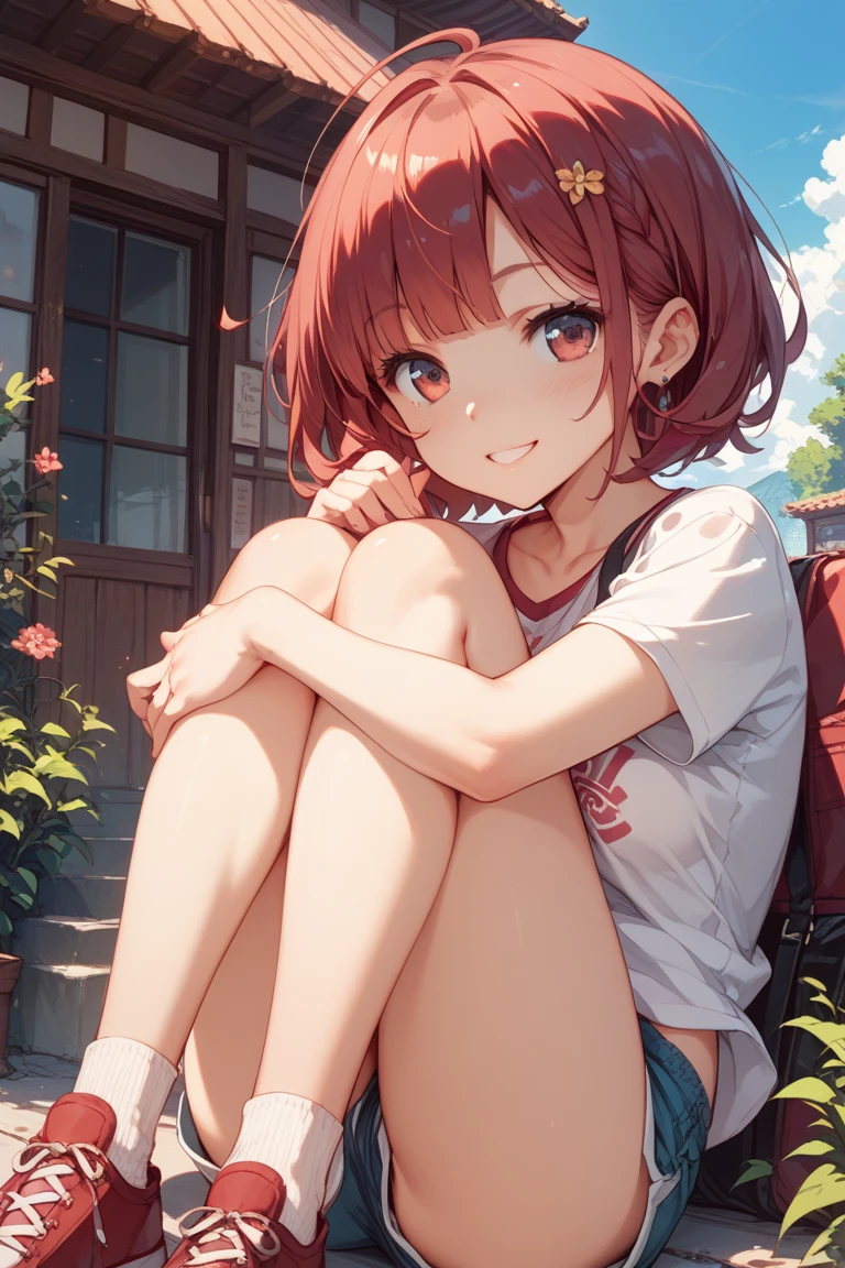 A Female robot is sleeping in the book, spread legs, nude, banzai pose. she wears no dress. She Brown short hair is tied with two big red clothespins, She lifts up the under hem of her white plain dress, leaning over, masterpiece, very short pigtails,brown hair, mature, android, blue eyes, full body figure, Height: 160cm, flushed cheeks, 2020s anime picture, A beautiful robot with short brown hair in two short pigtails held up by two very large huge red clothespins, Uplifting, No NSFW, whole body, barefoot, archaic smile, getting orgasm, 25 years old, sweat bucket. short sleeve shirt, pleated skirt, beautiful scenery, evening, skirt lift, no panties, genitals visible, full body shot, sexy face.