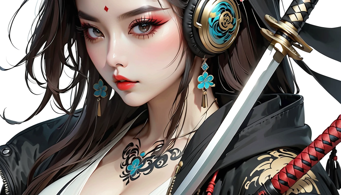Ink Painting, (((1 person))), (((Tattoo))), (((Arabic Instruments))), Arabic style headphones, beautiful girl, Modern arabic style, veiled