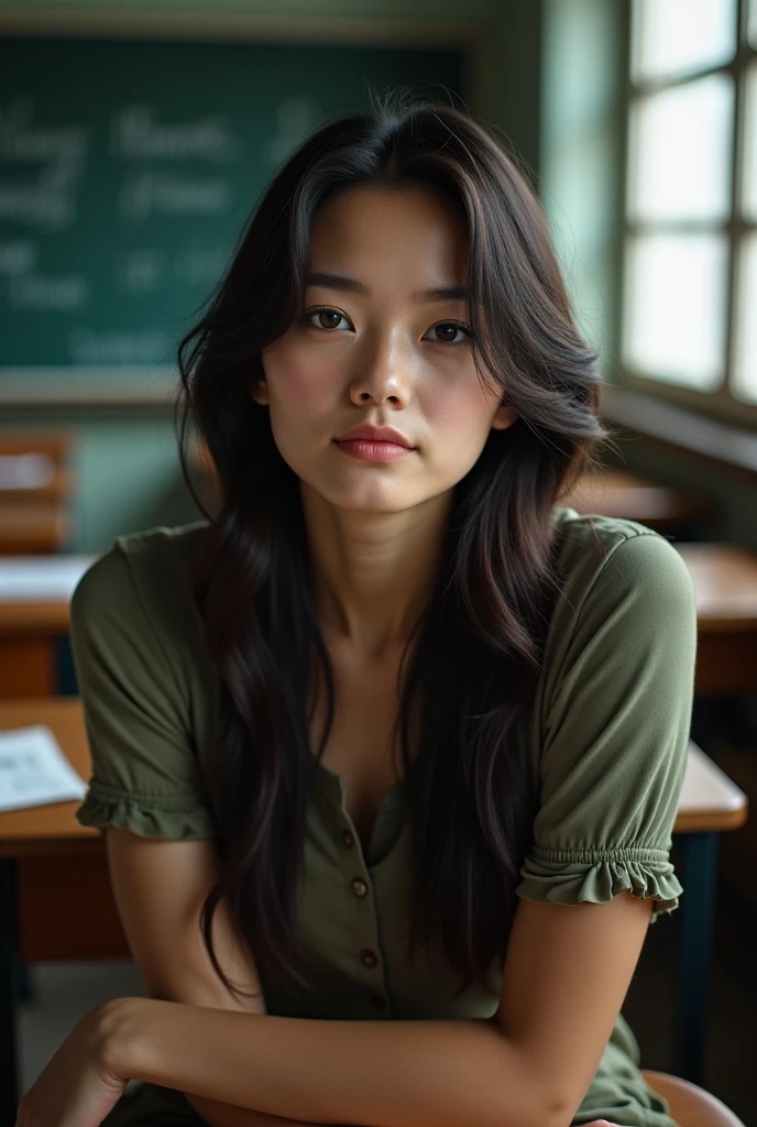 Attractive female model full body portrait, shot on Leica, dark hair, gorgeous lighting, subtle pastel hues, 8k, glossy lips, barely closed, in public class, in school, crowded classroom, realistic background