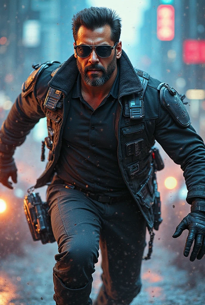 ultra realistic photograph, RAW professional photograph, (a middle-aged man), camouflage jacket and camouflage pants, sunglasses, black gloves, dynamic action angle, holding a pistol, solo character sharp focus, cyberpunk futuristic urban, intense deep shadows