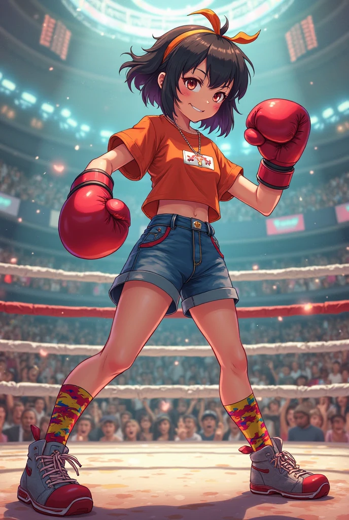 masterpiece, best quality, ultra-detailed, illustration, an extremely delicate and beautiful,high resolution, ultra-detailed,,perfect face,slender perfect body, Tight belly,Toned buttocks,Constricted waist,,1girl,(blue school uniform1.7),(bike shorts under red skirt:1.5),(in skyscraper:1.3),,child,(boxing gloves,fighting pose:1.5),(mesh hair:1.2),(very short hair),(anger),(shirt comes off:1.7),(very long hair), shy daughter, short stature,(small breasts),( sweaty skin:1.2),(front view:1.5),(bike shorts),(show off bike shorts),(spread legs),(cameltoe:1.2)