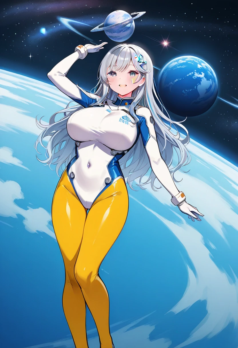 ((best quality)), ((highly detailed)), masterpiece, , (1girl), (solo), cowboy shot, very wide shot, <lora:hadou_nejire-popai:.8>, light blue hair, very long hair, bangs, blue eyes, large breasts, open mouth, aanejire, hair horns, drill hair, superhero, bodysuit, blue bodysuit, skin tight, gloves, yellow gloves, covered navel, thigh strap, boots, (outside, at a glacier, night, night sky, stars, full moon, shooting star, telescope, blizzard)