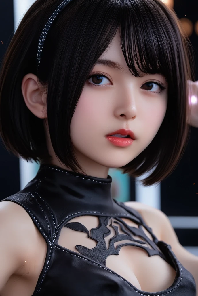 masutepiece,A hyper-realistic,32K,the Extremely Detailed CG Unity 8K Wallpapers, Best Quality,(beautiful japanese female),short-hair,Colorful latex gothic lolita fashion ,Skin fit,(low angles),(a closeup), (Film Overlay:1.3),Mouth open,A smile,