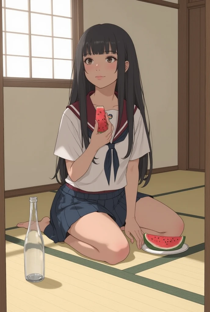 best quality, masterpiece, highres, detailed, perfect anatomy, <lora:Detail - add_detail:0.2>, <lyco:Action - EatingWM:0.8>, EatingWM, watermelon, holding watermelon, <lora:Character - Hoshimi:0.8>, hoshimi, 1girl, black hair, red eyes, white shirt, pencil skirt,