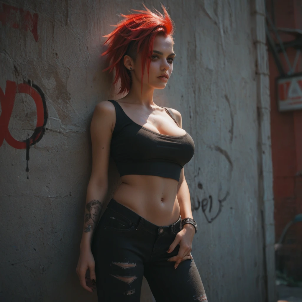 (8k,Masseter muscle part:1.2、highest quality)、(live action、intricate details)、(1 、solo、Upper body、big breasts) red cyberpunk costume、sexy,attractive avant garde、experimental look: redhead mohawk hair、real looking skin dramatic makeup、: attractive,sexyコスチューム,shorts,Counter、provocative location: urban art district、laughter Underground music scene hobbies: attend a punk show、Create mixed media art、Experiment with the values of different subcultures: personality、credibility、inspiration for creative expression: punk rock music、counterculture icon、Avant-garde art movement personality traits: boldness、boldness、unconventional,masterpiece,highest qualityのフォトリアリスティックなRAW写真。bright colors,rich colors, Backlight, cinematic lighting, film grain, to be born, 50mm lens, Nikon D850,detailed character art,fantasy art,ultra high resolution,super realistic skin,Perfect hand shape,Super beautiful(like the real thing),