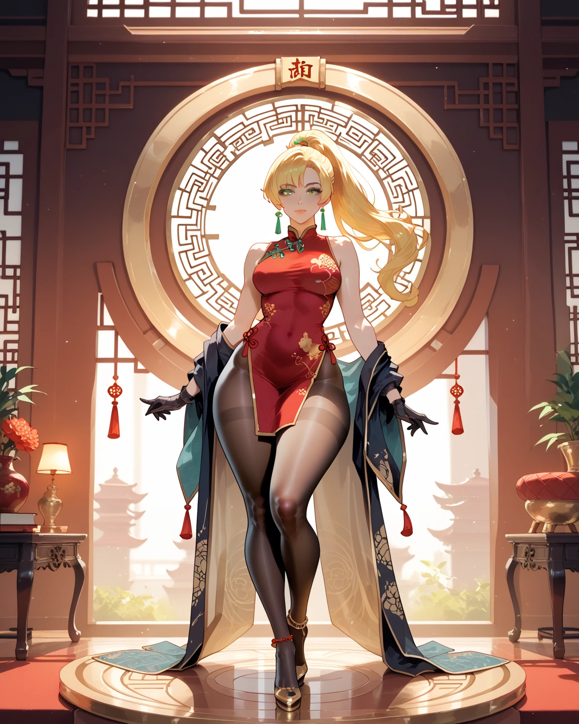 score_9, score_8_up, score_8_up, wet skin, large hanging breasts, pale skin, cute face, elf, pointy ears, blue eyes, (((vivid blonde hair))), ((bangs)), straight hair, long hair, cozy, indoors, , amazing eyes, seductive smile, breath, heavy breathing, excessive armpit hair, very low light, erect nipples, negative_hand, , Expressiveh, 1girl, , wet skin, shiny skin, wet, armpit hair, hairy armpits,  dress, embroidery, embroidered dress, jewelry,   detailed background, high heels, heels, chinese dress, china dress, slit leg dress, standing, chinese clothes, pantyhose, full body shot, low ponytail
