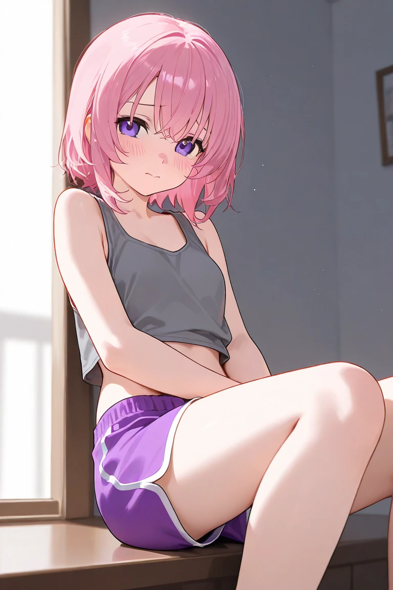 ((masterpiece,Highest quality:1.3,best quality illustration)),cowboy shot,1woman,18 year old Japanese beauty,((very small head:1.5)),(short bob pink hair),bangs,brown eyes,gorgeous eyes,shy,medium ,((very long body:1.3)),White tank top、Grey micro shorts,navel、(toned body,slender body,skinny),gleaming skin,shiny skin,oily skin,sweat,Love juice,orgasm,g,spread legs:1edroom、simple hotel、Tokyo,