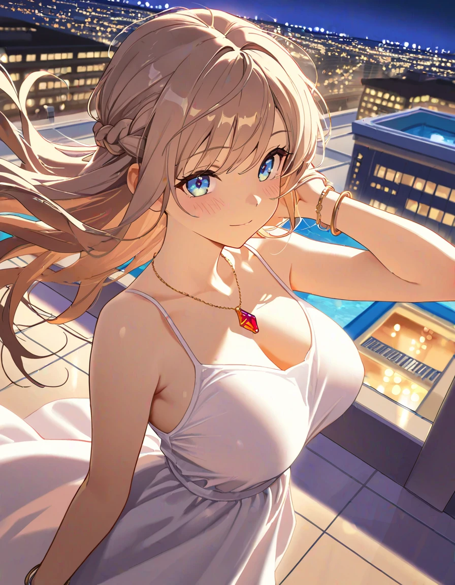 1 Girl, Big Breasts, zero, bright, Blurred Background, bokeh, Outdoor, (street:0.8), (Off-the-shoulder dress:1.2), nice, (Braided bangs:1.2), 美丽细致的zerozero, (Dynamic pose:1.2), Soft Light, wind, Shiny skin, (Upper Body:0.8),