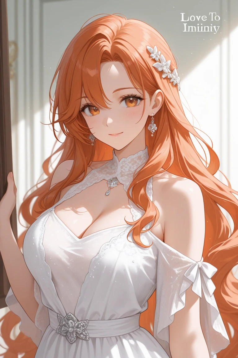 (masterpiece, best quality:1.2), solo, 1girl, Matsumoto rangiku, bleach, orange curl hair, looking at viewer, earrings, midriff, official art, extremely detailed CG unity 8k wallpaper, perfect lighting, (masterpiece:1.0),(best_quality:1.0), ultra high res,4K,ultra-detailed, photography, 8K, HDR, highres, absurdres:1.2,, bokeh:1.2, lens flare, (vibrant_color:1.2),(beautiful_face:1.5),(narrow_waist),(perfect hands, perfect anatomy), bathing, armpits, breasts, white wedding dress, wedding dress, gala dinner, holding a glass of wine, white dress