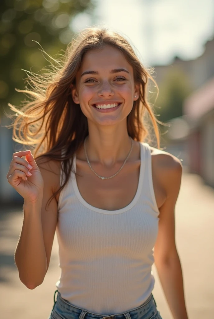Beautiful woman from spain, realistic eyes, realistic face, slim face, long brown hair, 20 years old, model, smiling, special camera angle, belly tanktop, outside