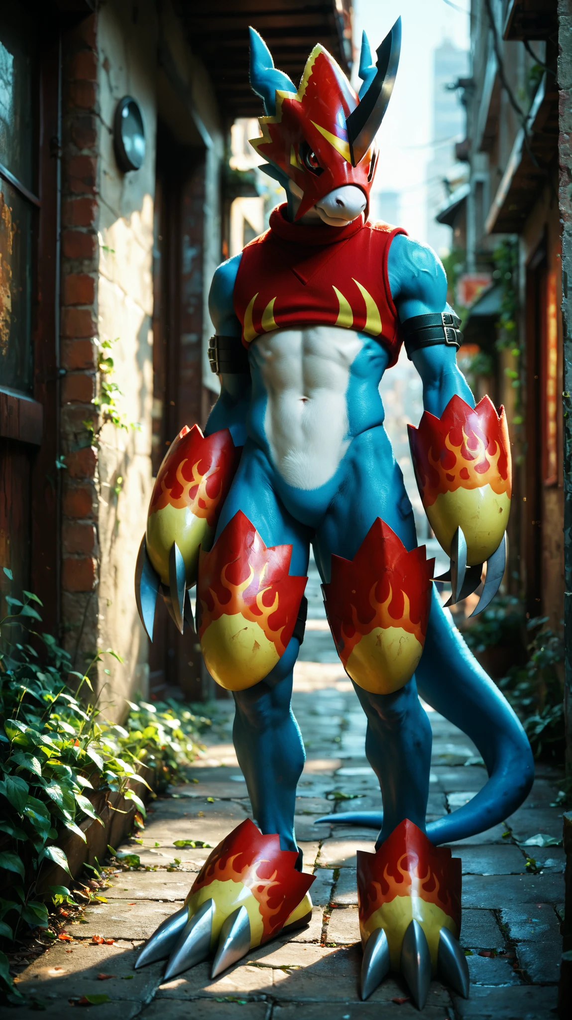 flamedramon, furry, blue skin, red eyes, mask, arm belt, crop top, gauntlets, thigh armor, footwear, score_6_up, score_7_up, score_8, score_9, solo, 1boy, standing, full body, detailed background, outdoors ,city