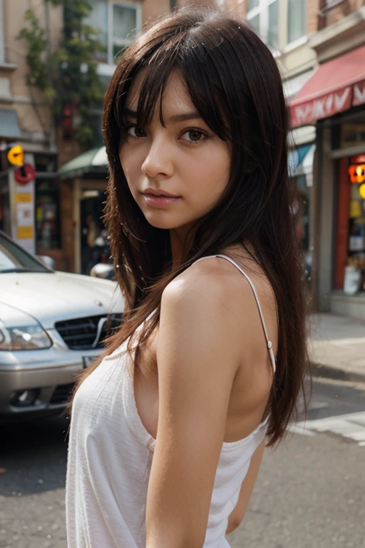 ((cowboy shot:1.5)), ((Flat Chest:1.5)), ((skinny:1.5)), (View your audience:1.5), (Looking into the camera:1.5), Japanese, Short arms, ((Narrow eyes)), ((light eyebrows:1.5)), ((thin eyebrows:1.5)), Fleeting atmosphere, 38 years old, BREAK ((beautiful long straight hair:1.5)), ((bangs:1.5)), ((Thin lips)), ((In the city of Ginza)), ((Midi-length belted collared shirt dress)), ((necklace)), masterpiece, Highest quality, Detailed skin, Detailed face, fine grain, 8k, Excellent anatomy, Portraiture, (random pose), Very small mole on left cheek,
