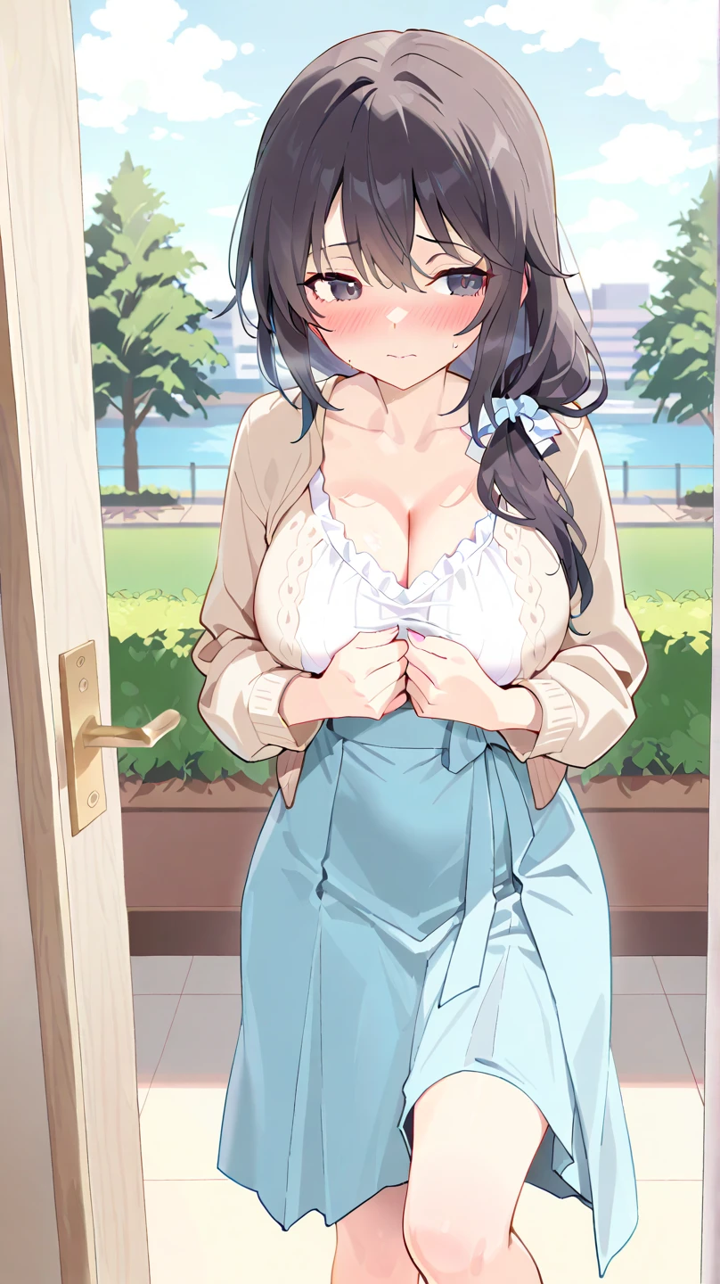 masterpiece,ultra detailed,1woman,off-the -shoulder short summer blouse,pattern skirt,standing,at tokyo,curvy body,medium tied up hair,black hair,(tareme),happy smile,oval face,make up,mature cheerful woman,green eyes,