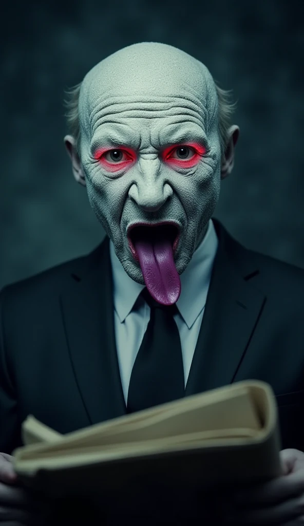 Eerie white sand head, red smoke eyes, A scene where a man in a suit with his purple tongue sticking out. opens a newspaper and has a scary atmosphere. 4K, Highest quality, hyperrealistic, Professional Level, vivid color style image. dark atmosphere, dreary background, Shadow effect, cool color palette.