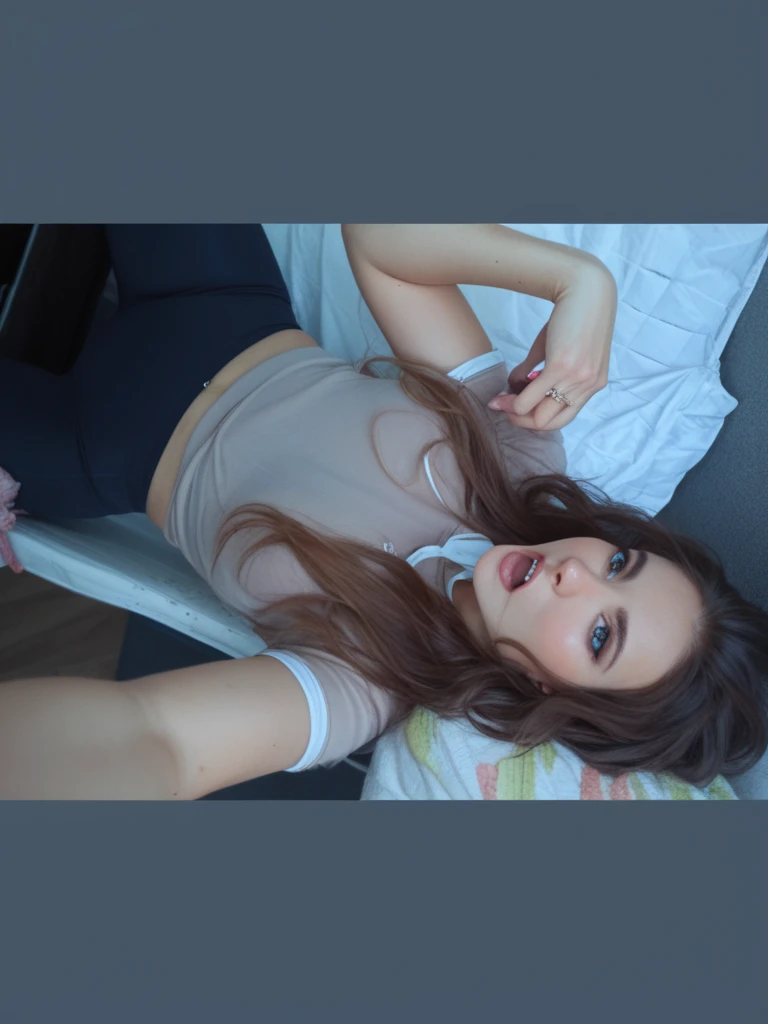 woman laying on a couch with a remote control in her hand, she is laying on her back, passed out, relaxing on the couch, laying on her back, bottom angle, on a couch, lying on back, uhd candid photo of dirty, the extremely hot and sexy, woman very tired, relaxing on a couch, tired half closed, bottom shot, side shot