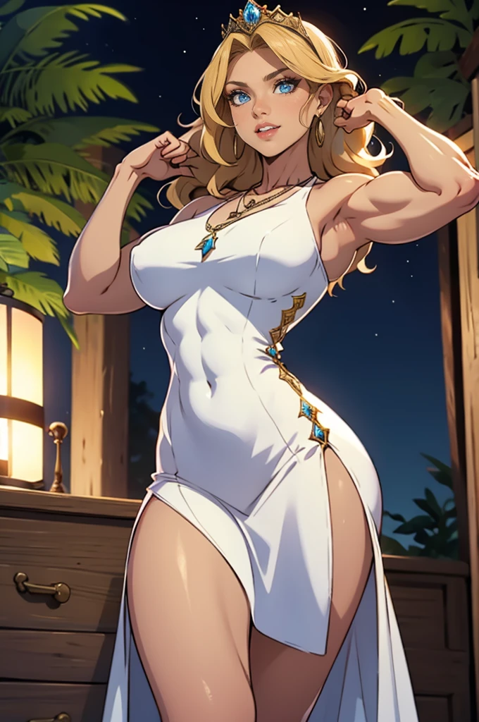 Muscular,women,gray hair,brown skin,Lazio hair, a braid over the shoulder, green eyes Wedding dress,,long dress,An exposed leg,Marked breasts, veilSharp teeth,smile,Bracelet on left hand ,solo,breasts,earrings,bay,Wedding in the bay,sideboob