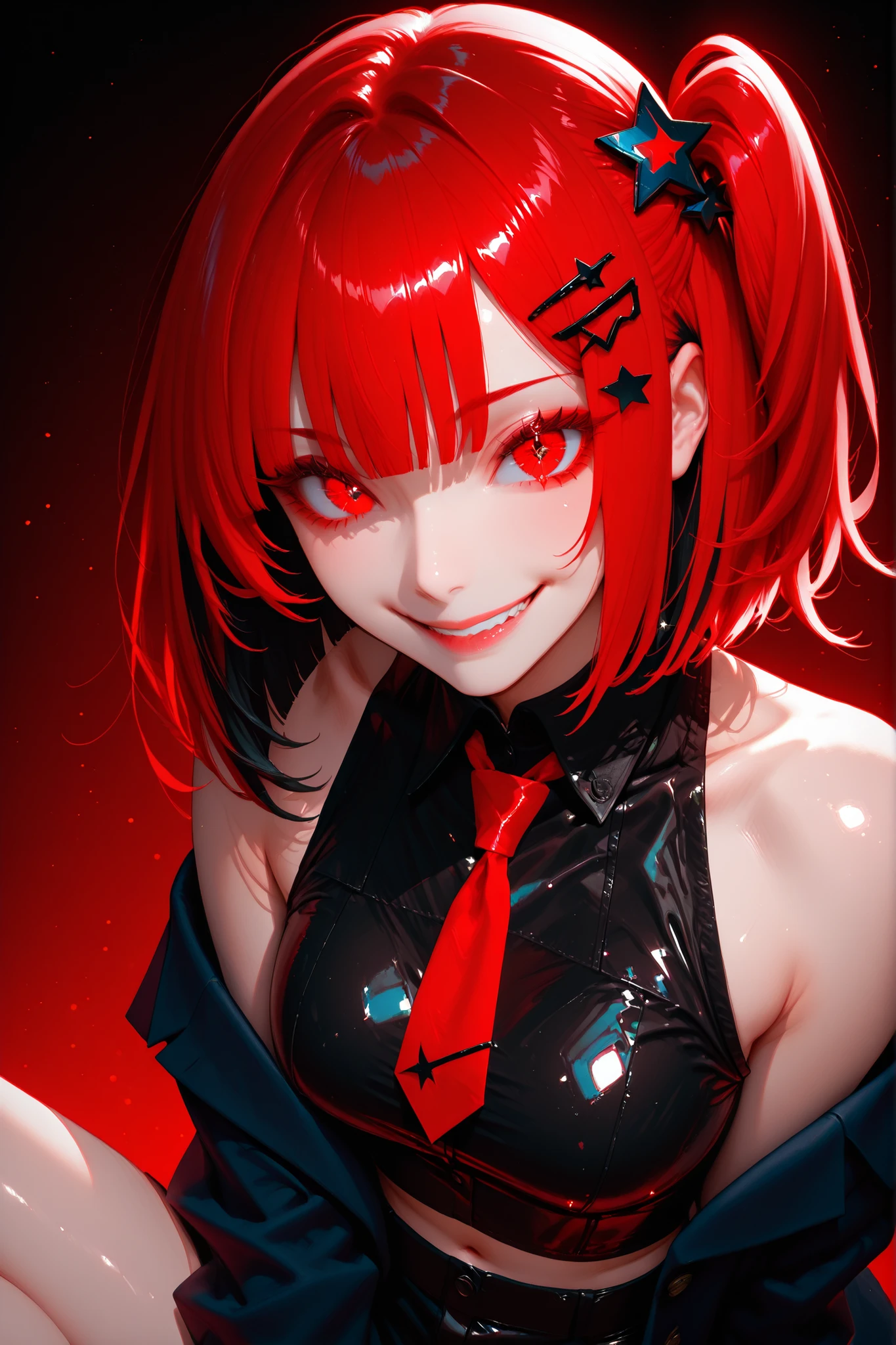 woman、one side up hair、transparent_background、sexy、sleeveless cut and sew、shorts、Red color eyes、Red highlight hair、black color hair、tie、blazer、smile、shiny hair、star shaped hair pin、peace sign、colored_eyelashes、sharp eyes、supright straddle、back