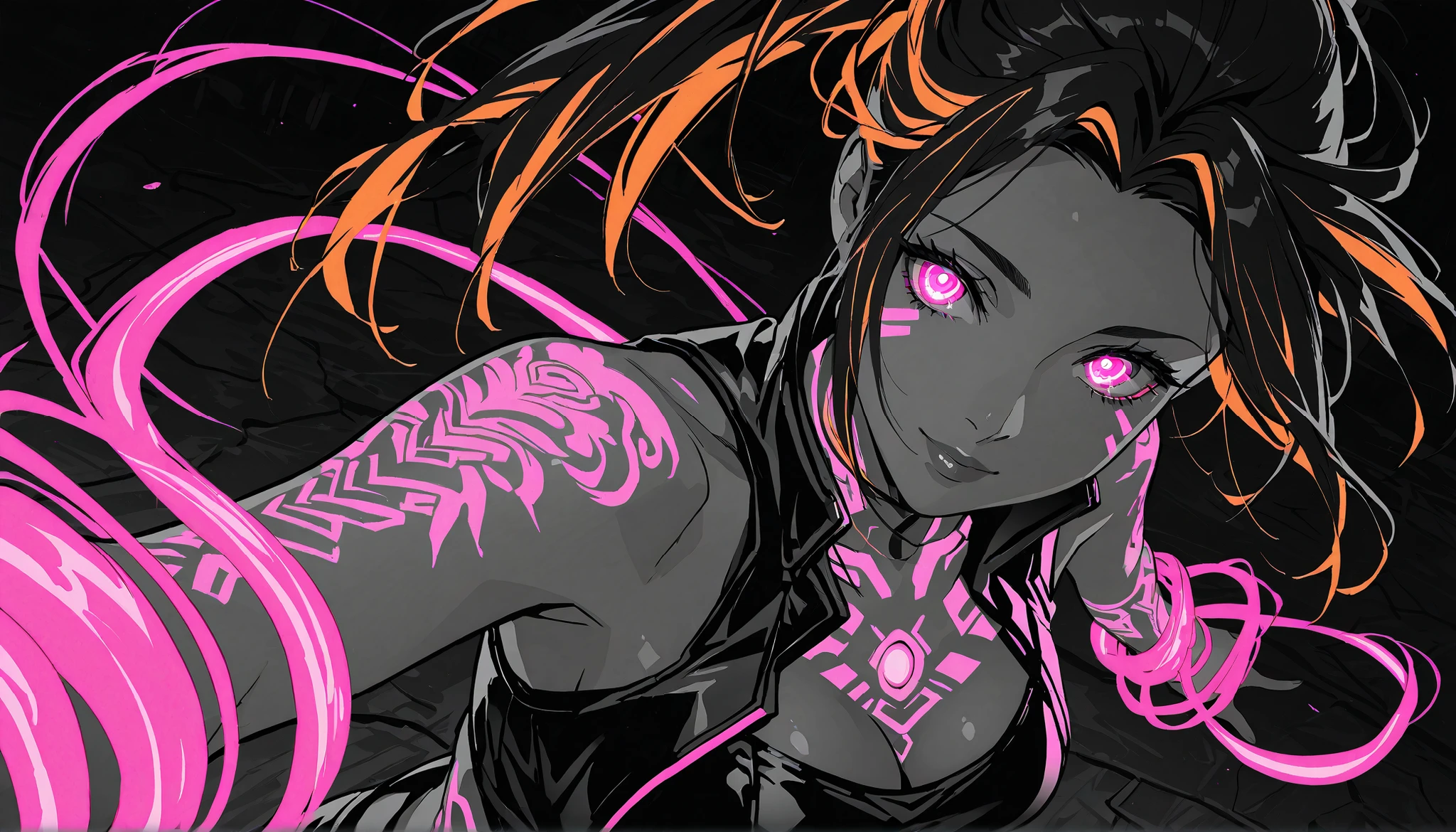 monochrome, glow, neon, anime girl, woman, mature, 1 character , two-tone hair , darkorange hair , glowing dragon tattoo, hair Long and flowing with neon highlights, pink tattoos, high ponytail hairstyle, Glowing pink neon irises, Floating neon chains around her arms, background neon chains, beautiful cyberpunk outdoor background, cyberpunk clothes