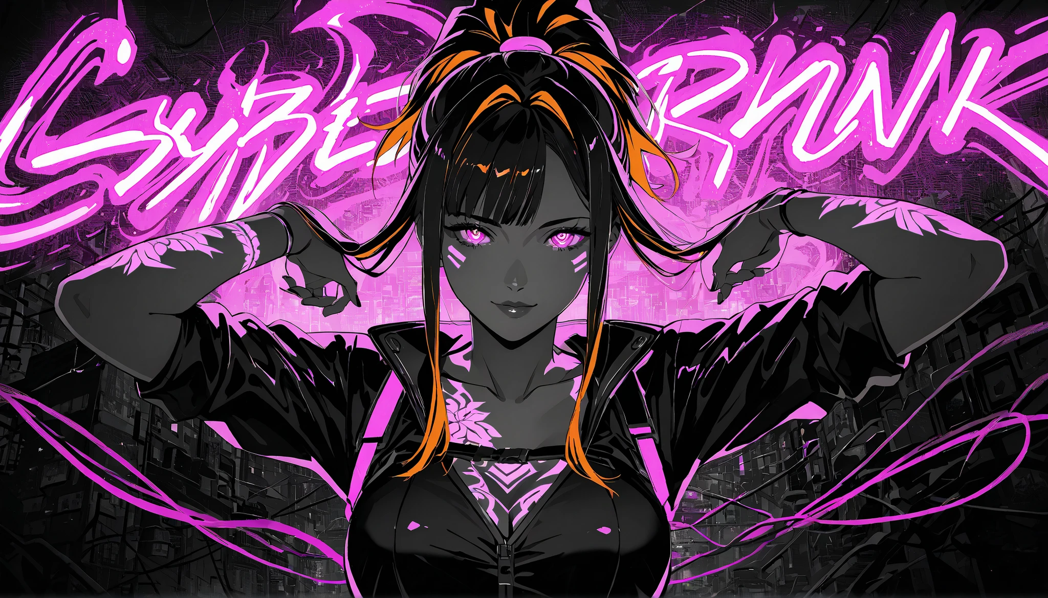 monochrome, glow, neon, anime girl, woman, mature, 1 character , two-tone hair , darkorange hair , glowing dragon tattoo, hair Long and flowing with neon highlights, pink tattoos, high ponytail hairstyle, Glowing pink neon irises, Floating neon chains around her arms, background neon chains, beautiful cyberpunk outdoor background, cyberpunk clothes
