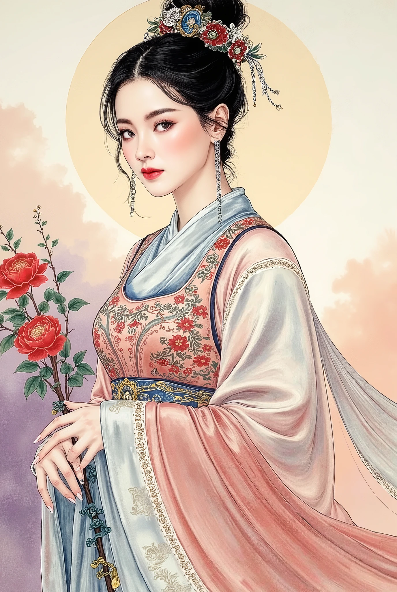 (masterpiece), Chinese brush painting, breathtaking ancient woman, (priest dress), elegant full body pose, (frontal view), highlighted intricate details, vibrant ink strokes, harmonious color palette, showcasing grace and beauty, winning award quality, (symmetric face), (symmetric body), ultra-detailed, 8K resolution, capturing cultural essence in exquisite artistry, serene and enchanting ambiance.