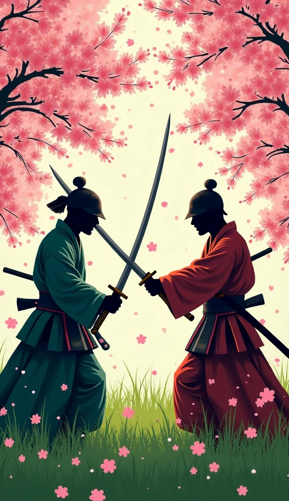 2 samurai sword fighting in a green field, with some cherry blossom trees, and lots of cherry blossom flowers falling. they are not engaging yet, just facing each other holding their swords. in fighting positions