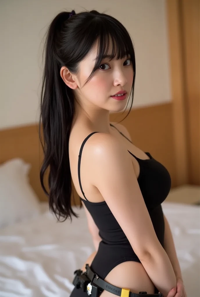 Best quality, masterpiece, ultra high res, (photorealistic:1.37), raw photo, ((Beautiful illustration)), 1girl, long hair, beautifull eyes, beautifull face, detailed eyes and face, blush, t-shirt, dynamic lighting, in the dark, deep shadow, low key, cowboy shot, ((organized fingers)), ((smile)), (((Tank Top, Tense Shirt)))