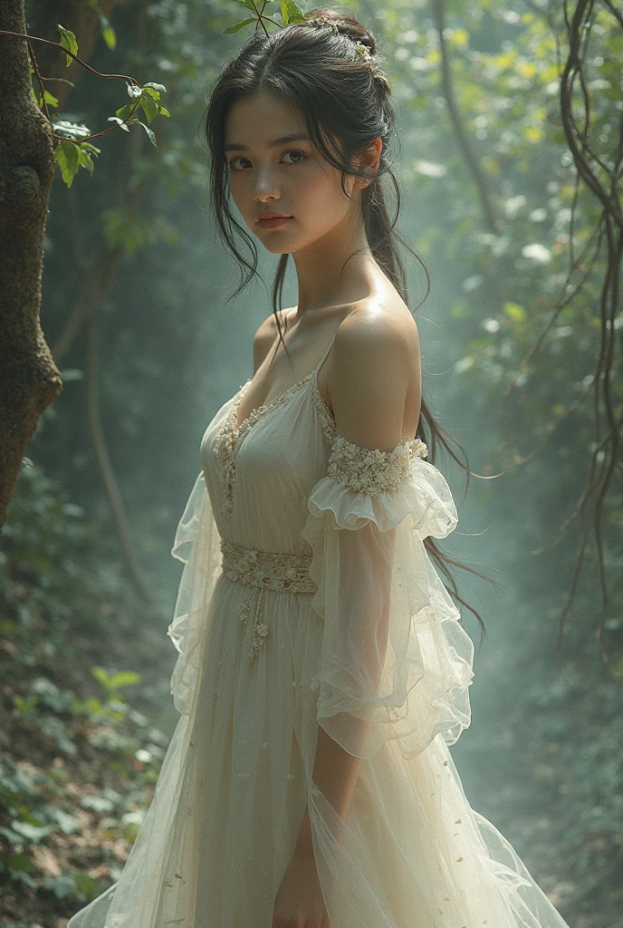 beautiful detailed eyes, beautiful detailed lips, extremely detailed eyes and face, longeyelashes, 1girl, ghost white dress, long hair, saggy breasts, 500 year old, highly detailed, (best quality,4k,8k,highres,masterpiece:1.2),ultra-detailed,(realistic,photorealistic,photo-realistic:1.37),HDR,UHD,studio lighting,ultra-fine painting,sharp focus,physically-based rendering,extreme detail description,professional,vivid colors,bokeh,dark fantasy,surreal,gothic