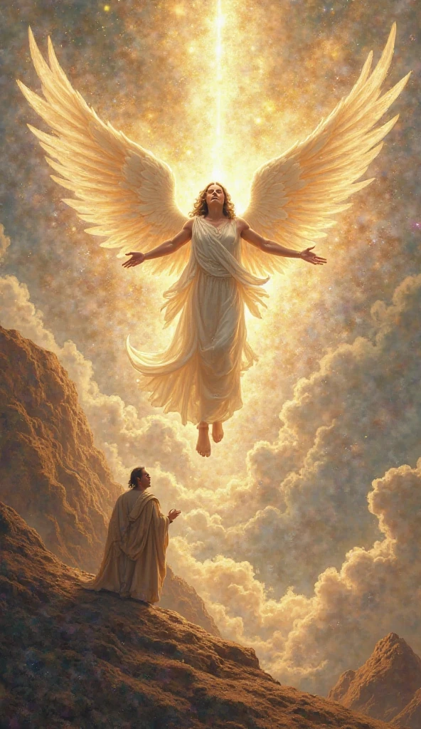 A majestic and ethereal image of the god Mercury hovering in the air, whispering words to a young man seated before him. the young man is lost in his thought. The scene is depicted in an epic, realistic, and fantastical style. The god is portrayed with intricate details: his flowing robes shimmering in iridescent hues, his face exuding wisdom and power, and his wings glowing with an otherworldly light. This captivating painting captures the essence of divine communication in a vivid and mesmerizing way, showcasing the artist's exceptional talent and attention to detail.
