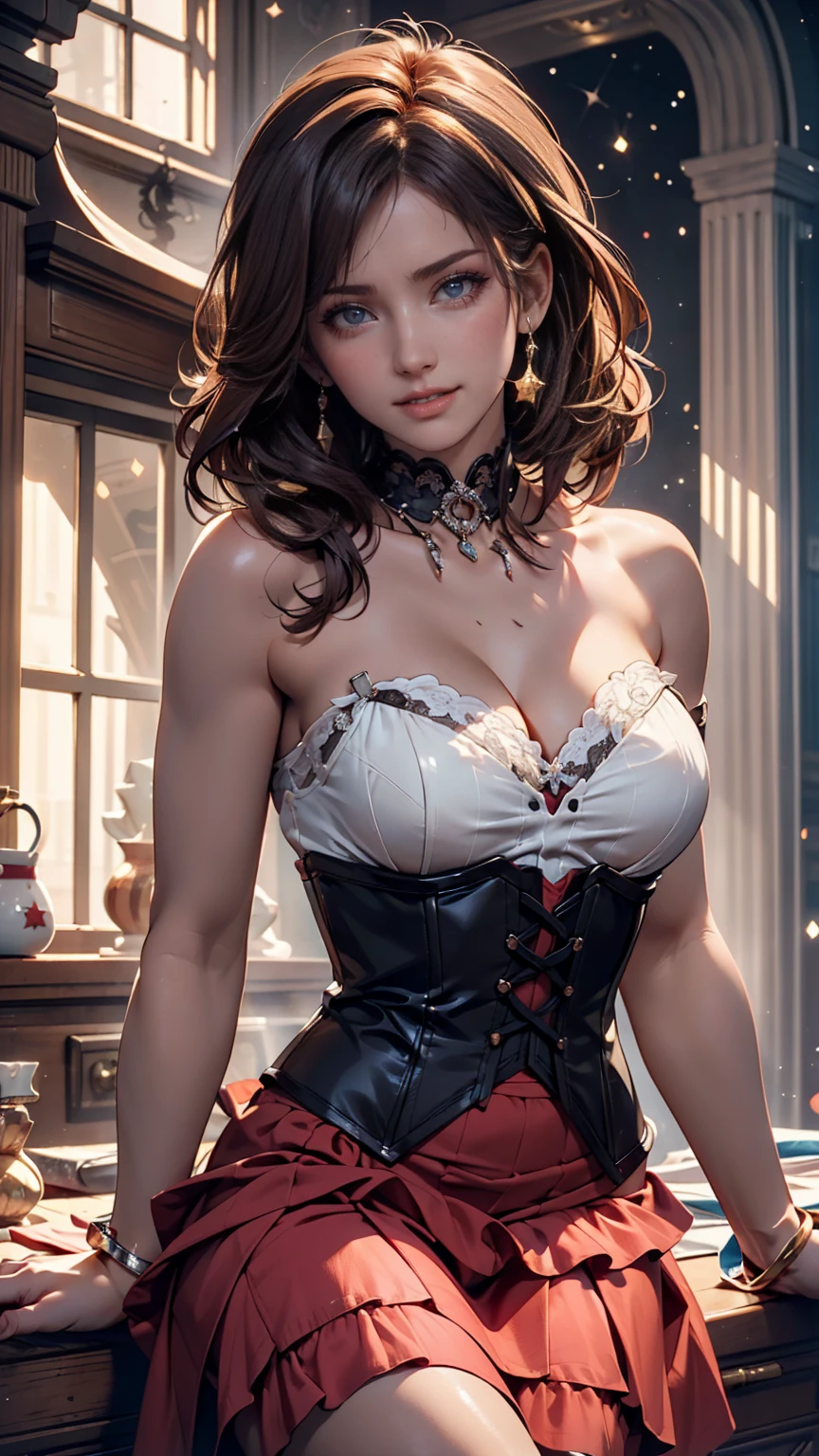 Blood-eyed Princess of Darkness, Redhead, Crown, Sexy body、Cleavage Emphasis、nice smile, Anime Style, Lens flare, High detail, First Person View, Cinema Lighting, masterpiece, Super detailed, highest quality, 8k, Ultra-high resolution