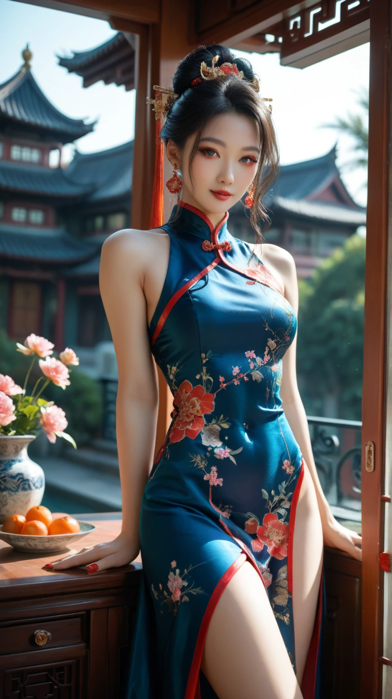 randome pose, (An extremely delicate and beautiful work), (Masterpiece), 1girll, (qipao dress:1.7), (Legs are exposed:1.7), (Show feet:1.7) ,Cute, Narrow waist, Very thin legs, Highly detailed, waist leaking, Ponytail Contortion, Enchanted expression, beautiful and clear eyes, green eye pupil, Delicate necklace, Delicate earrings, Simple blurred background, Extreme detail description, Beautiful, Charming, Ultra-fine painting, Delicate face, Delicate figure, Fine collarbones, lovely lips, Beautiful breasts, soft behind,spread their legs,(8K, RAW photo, Best quality, Masterpiece:1.2), (Realistic, photo-realistic:1.37),1girll,Cute,beach, Night, rain, Wet, Professional lighting, photon maping, Radio City, Physically-based rendering,