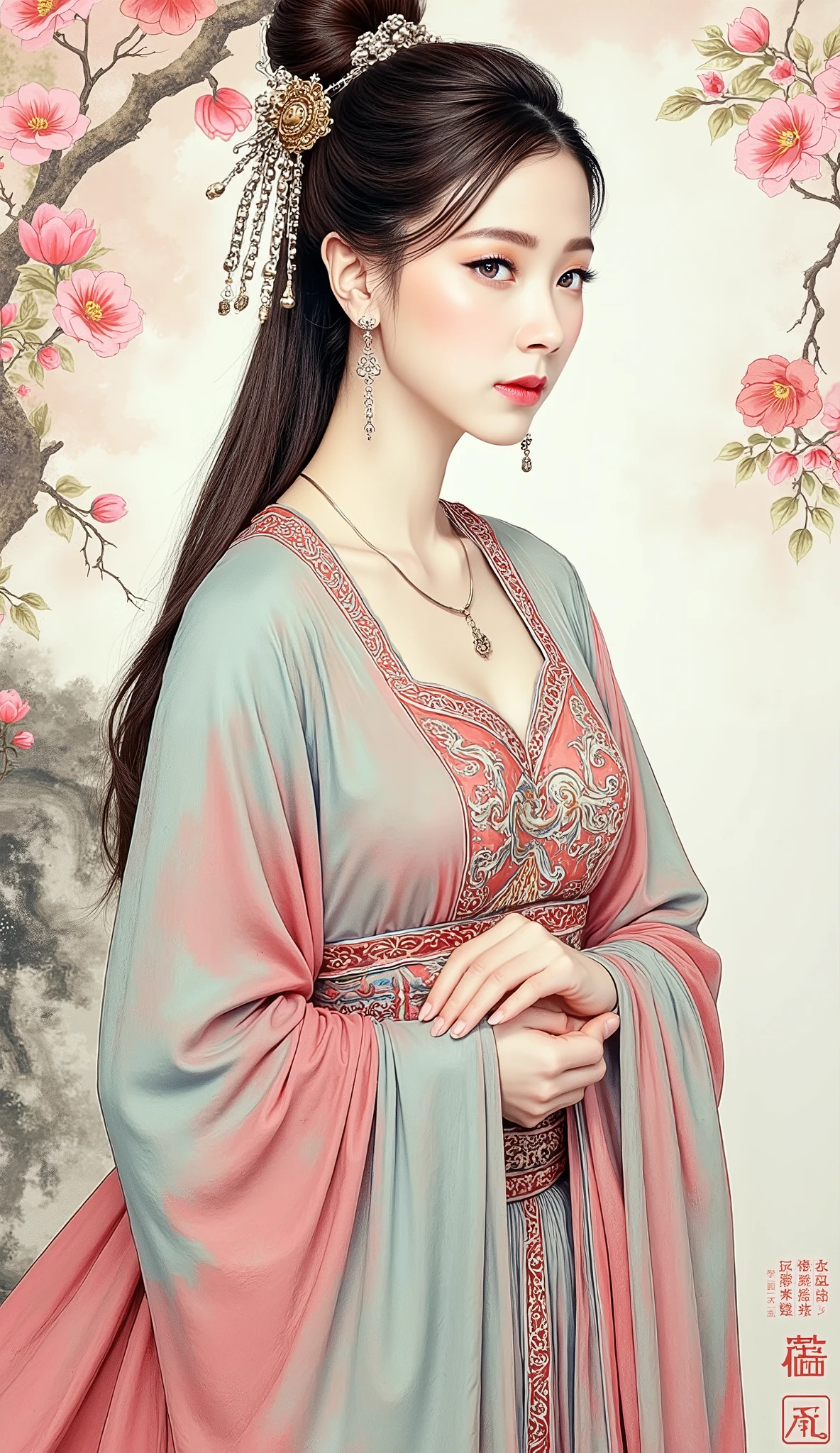 (masterpiece), Chinese brush painting, breathtaking ancient woman, (priest dress), elegant full body pose, (frontal view), highlighted intricate details, vibrant ink strokes, harmonious color palette, showcasing grace and beauty, winning award quality, (symmetric face), (symmetric body), ultra-detailed, 8K resolution, capturing cultural essence in exquisite artistry, serene and enchanting ambiance.