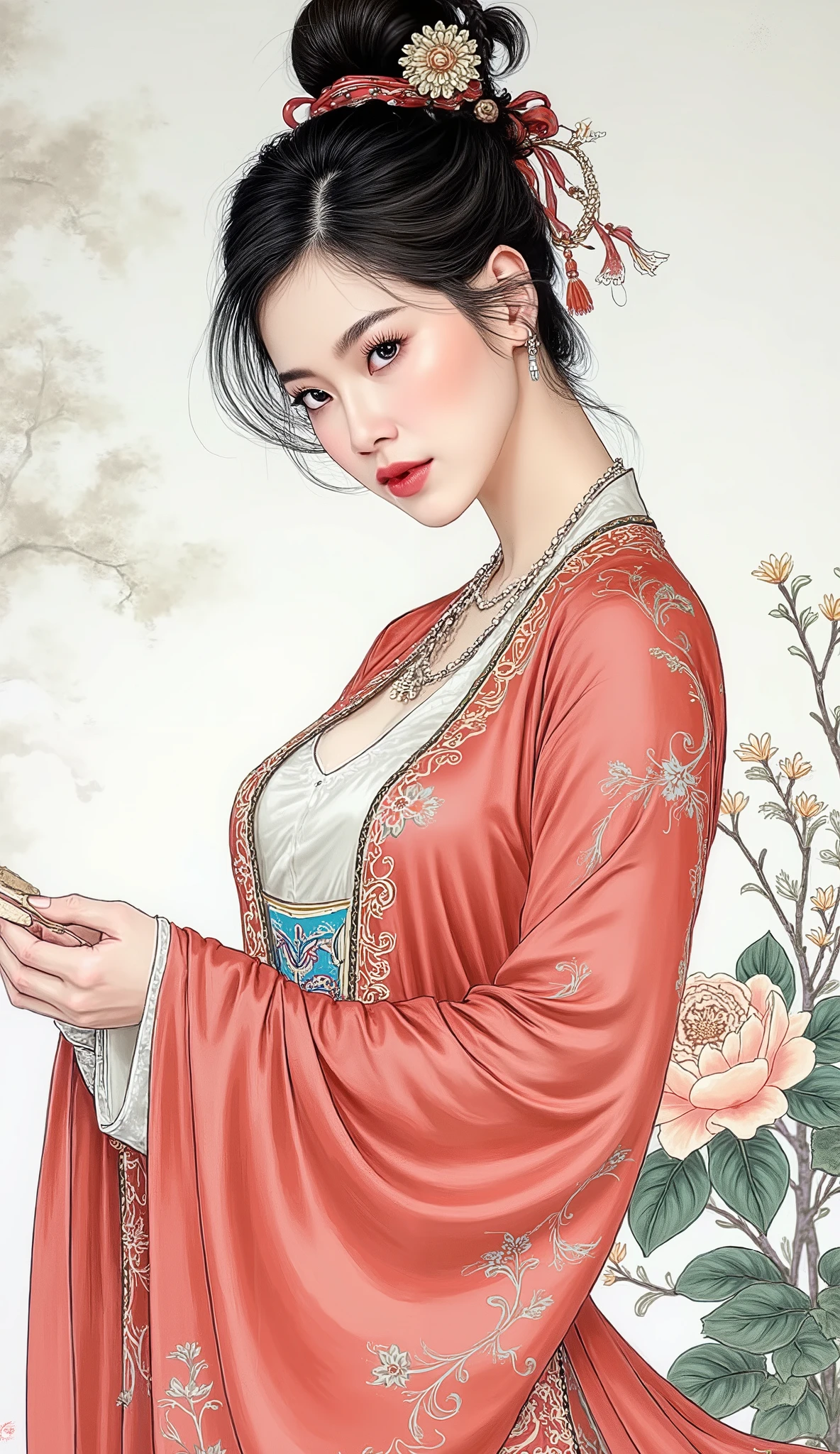 (masterpiece), Chinese brush painting, breathtaking ancient woman, (priest dress), elegant full body pose, (frontal view), highlighted intricate details, vibrant ink strokes, harmonious color palette, showcasing grace and beauty, winning award quality, (symmetric face), (symmetric body), ultra-detailed, 8K resolution, capturing cultural essence in exquisite artistry, serene and enchanting ambiance.