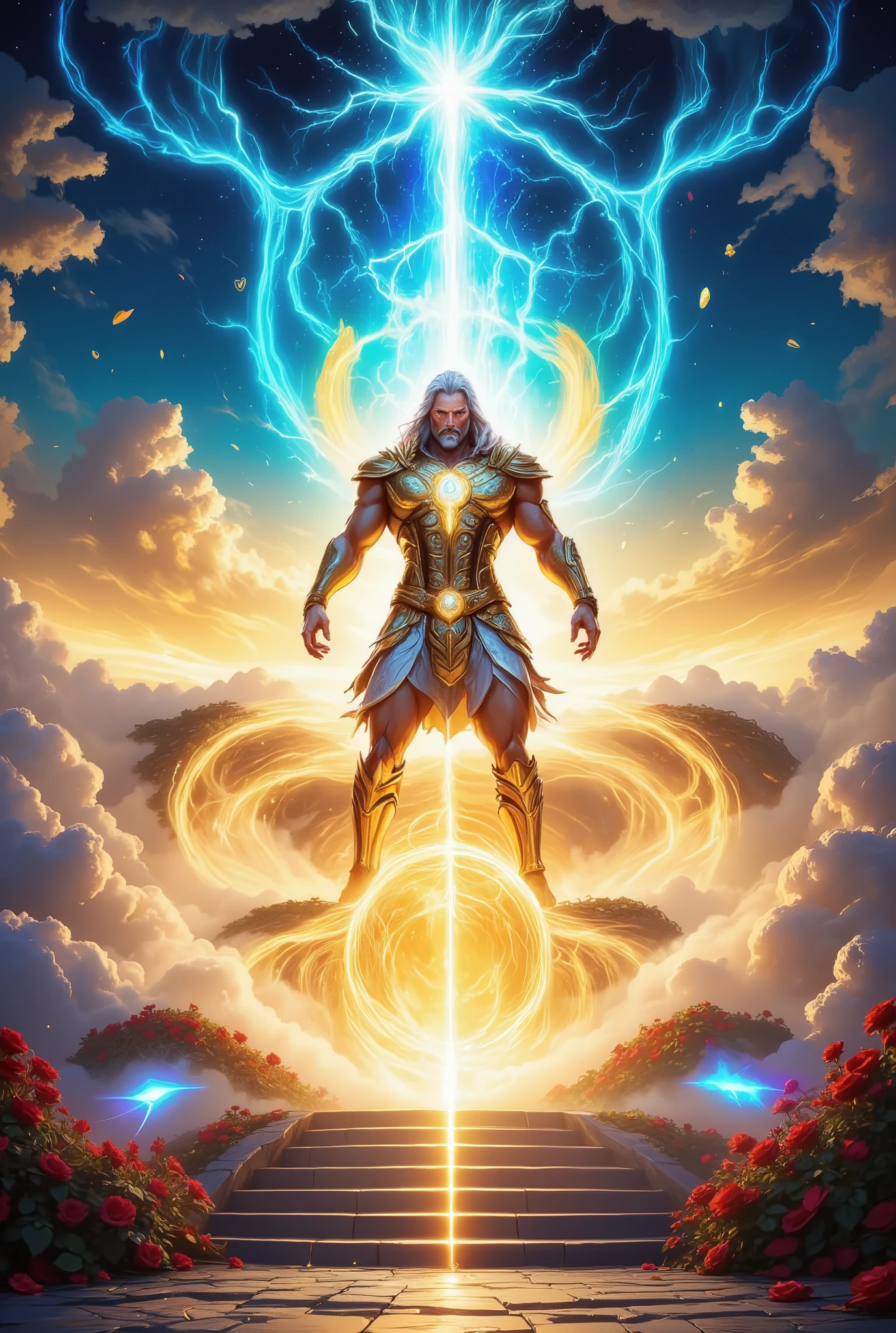 God Zeus, His Majestic appearance, in a small Greek tunic with gold frames, Lightning flows through his body bright blue, His eyes sparkle bright gold, beautiful Cumulus Clouds, he stands naked on Cloud, and the other on Gold on the stairs from which fog emanates, in the form of beautiful bright light, magic, beautiful colors, Roy's majestic image , heroism, God's likeness, Strong facial features, with White hair with beautiful sparkling hair with thick and powerful pumped hands, , the gates to the Heavenly Garden of Pure Gold can be seen on the stairs, and Beautiful Roses and Gold and Red Flowers intertwine in a place against the backdrop of the Great God, Harmony of Fantasy, fantasy style, magic, magic, high quality, best quality, Masterpiece, difficult details, high-quality,