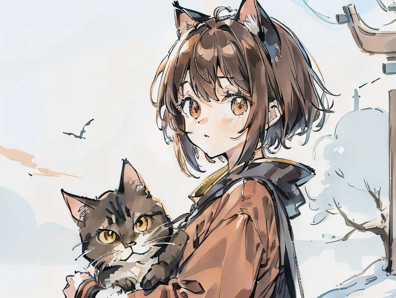 girl with、Holding a stuffed cat、doress、Fantasia、Brown hair、long、Forward-facing、delicated face