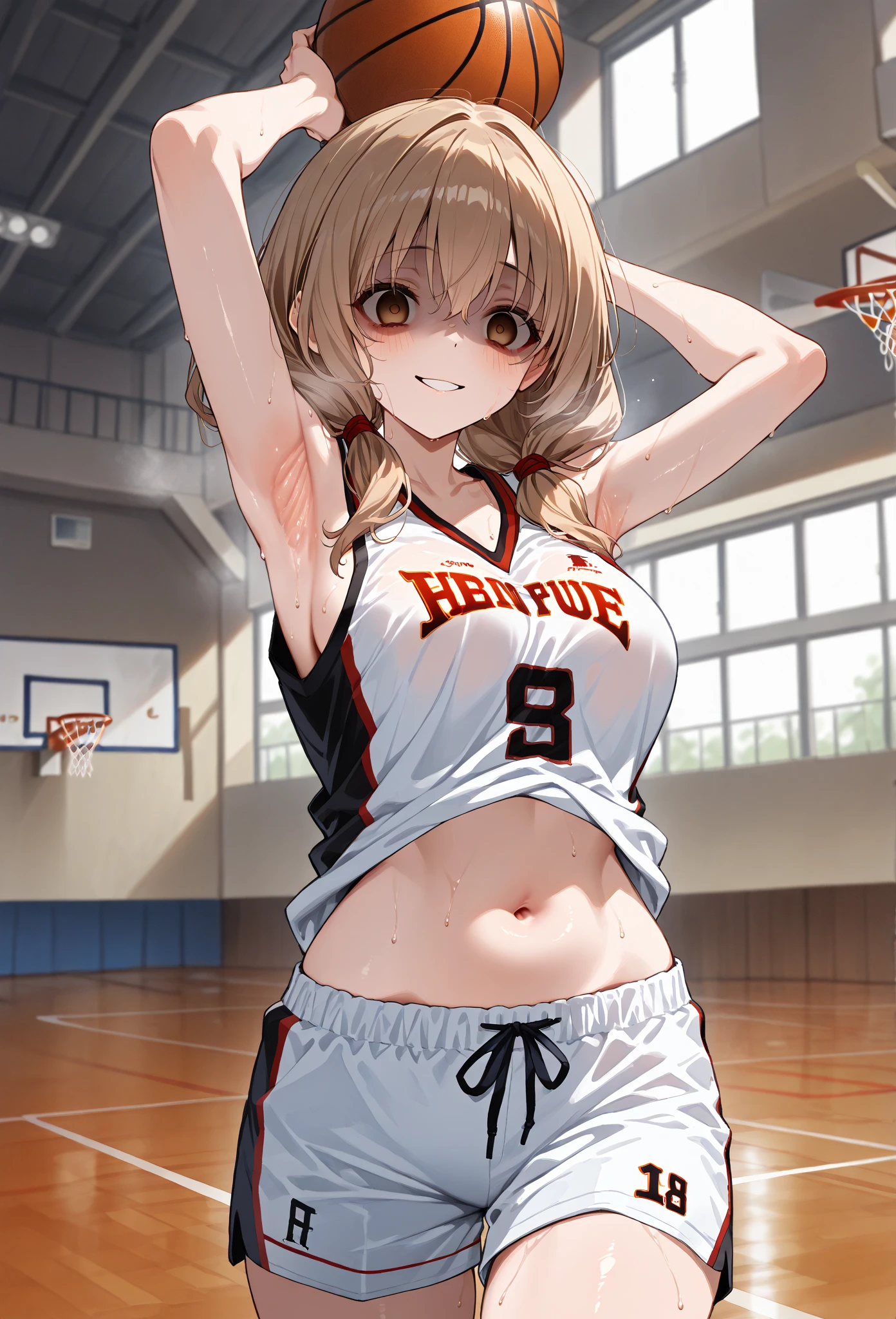 Random basketball player white skin girl, cool shooting on hoop shot, happy, cute shy girl, blond long hair, sexy, slim, poser, tomboy, cool basketball court background, yellow binnie , nude, white micro bikini , thin legs, flat chest, red sneakers, detailed nipples, detailed vagina, wet tight clothes, wet body, wet hair, exposed body,